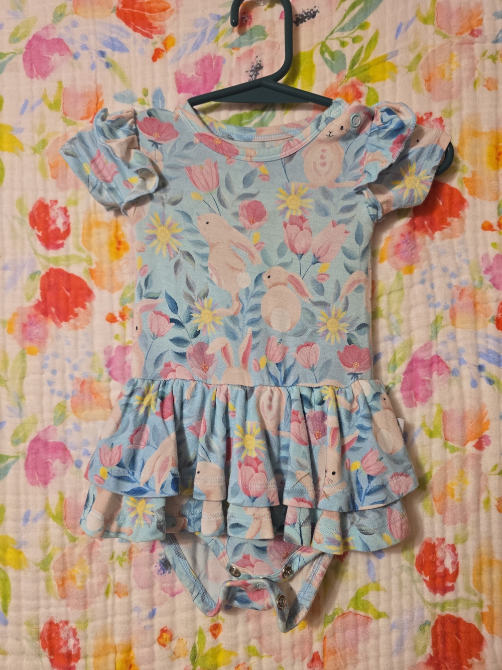 Birdies Bamboo Light Blue Floral Romper with Pink Bunny Accents